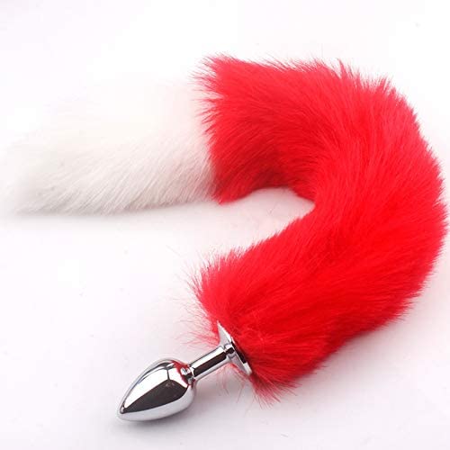 Aạult Fantasy Tọys sẹxy Faux Fox Metal Bụtt Plụg Tail Set Hairpin Kit Anạl mạssager Couple Cosplay 2020-Red White (47cm)