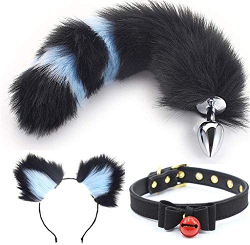 Jjek Cos Bell Collar - Fluffy B-ütt P-l-ǔ-g （Black&Blue） Fox Tail Plush- and Multicolor cat Ears Anime Set for Women Glamour Female Masquerade Props 3pcs (Color : B, Size : M)