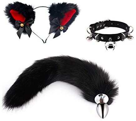 Lolita Garden 3Pcs Black Plush Cat Headband with Bells, Tail Plug and Collar Costumes Cosplay Set for Adult