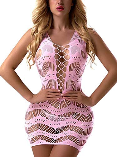 pink ladygaga Women's Mesh Lingerie for Women Fishnet Babydoll Mini Dress Bodysuit